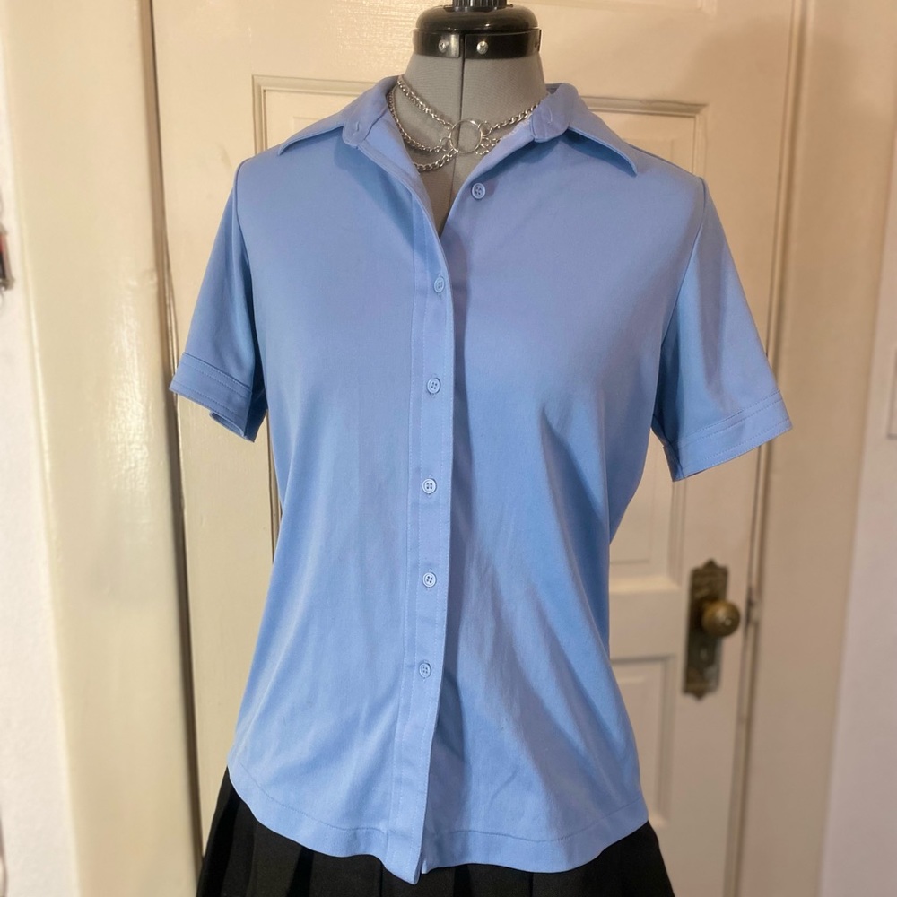 Vintage 1970s Baby Blue Sears Polyester Short Sleeve Button Up Shirt Size 16 👕